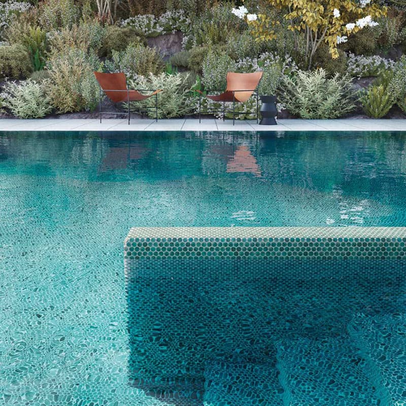 Onix Penny Arrecife Emerald Gloss Glass Mosaic Tile 287x284mm Sheet (19x19mm Chip Size)