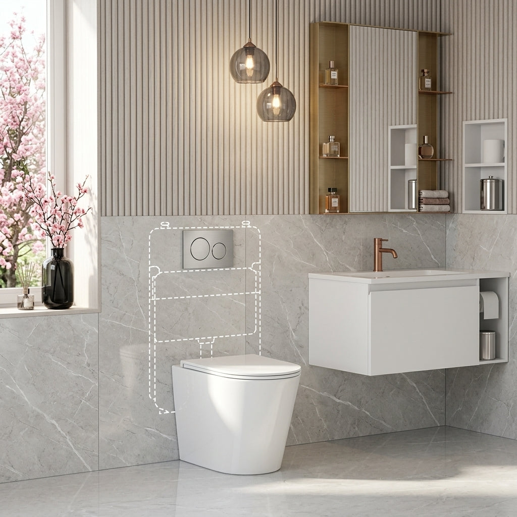 Geberit Sigma8 Inwall Cistern with Rimless Tornado Wall Faced Toilet Pan & Push Button 580x360x420mm - Gloss White