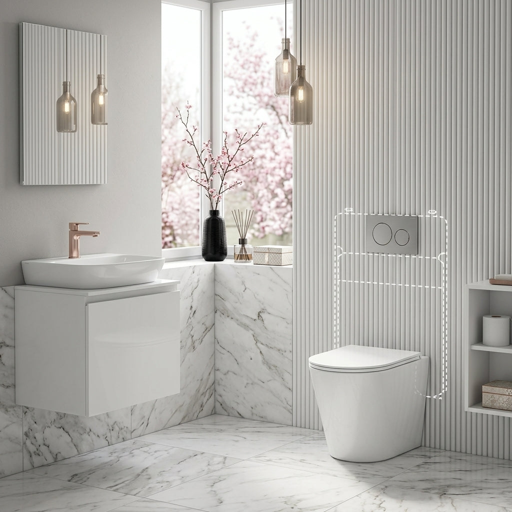 Geberit Sigma8 Inwall Cistern with Rimless Tornado Wall Faced Toilet Pan & Push Button 580x360x420mm - Gloss White