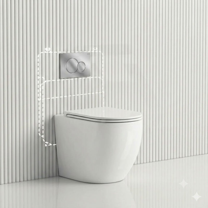 Geberit Sigma8 Inwall Concealed Cistern with Tornado Rimless Wall Faced Toilet Pan & Fienza Push Button SET 400x570x360mm - Gloss White