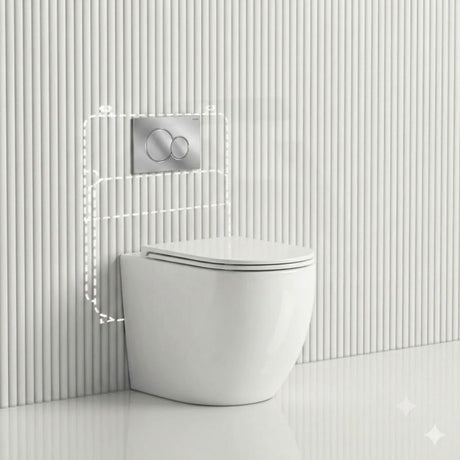 Geberit Sigma8 Inwall Concealed Cistern with Tornado Rimless Wall Faced Toilet Pan & Fienza Push Button SET 400x570x360mm - Gloss White