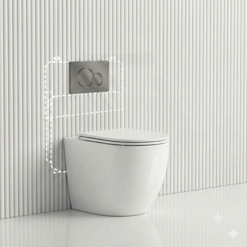 Geberit Sigma8 Inwall Concealed Cistern with Tornado Rimless Wall Faced Toilet Pan & Fienza Push Button SET 400x570x360mm - Gloss White