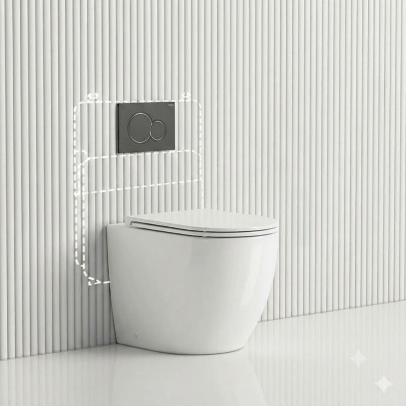 Geberit Sigma8 Inwall Concealed Cistern with Tornado Rimless Wall Faced Toilet Pan & Fienza Push Button SET 400x570x360mm - Gloss White
