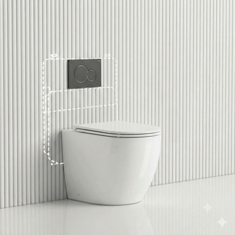 Geberit Sigma8 Inwall Concealed Cistern with Tornado Rimless Wall Faced Toilet Pan & Fienza Push Button SET 400x570x360mm - Gloss White