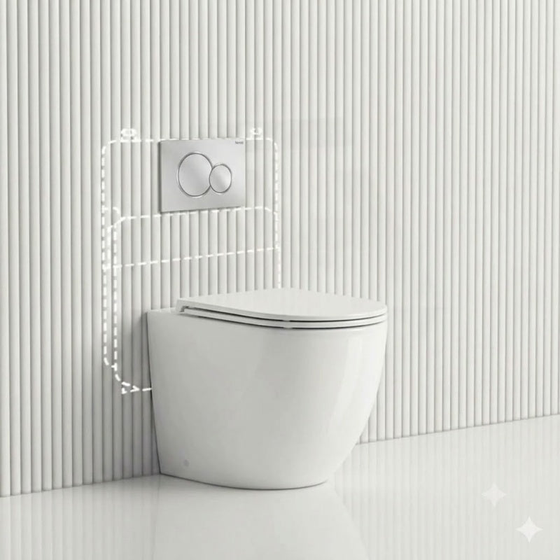 Geberit Sigma8 Inwall Concealed Cistern with Tornado Rimless Wall Faced Toilet Pan & Fienza Push Button SET 400x570x360mm - Gloss White