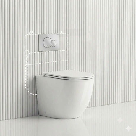 Geberit Sigma8 Inwall Concealed Cistern with Tornado Rimless Wall Faced Toilet Pan & Fienza Push Button SET 400x570x360mm - Gloss White