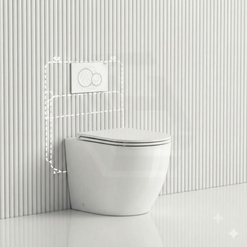 Geberit Sigma8 Inwall Concealed Cistern with Tornado Rimless Wall Faced Toilet Pan & Fienza Push Button SET 400x570x360mm - Gloss White