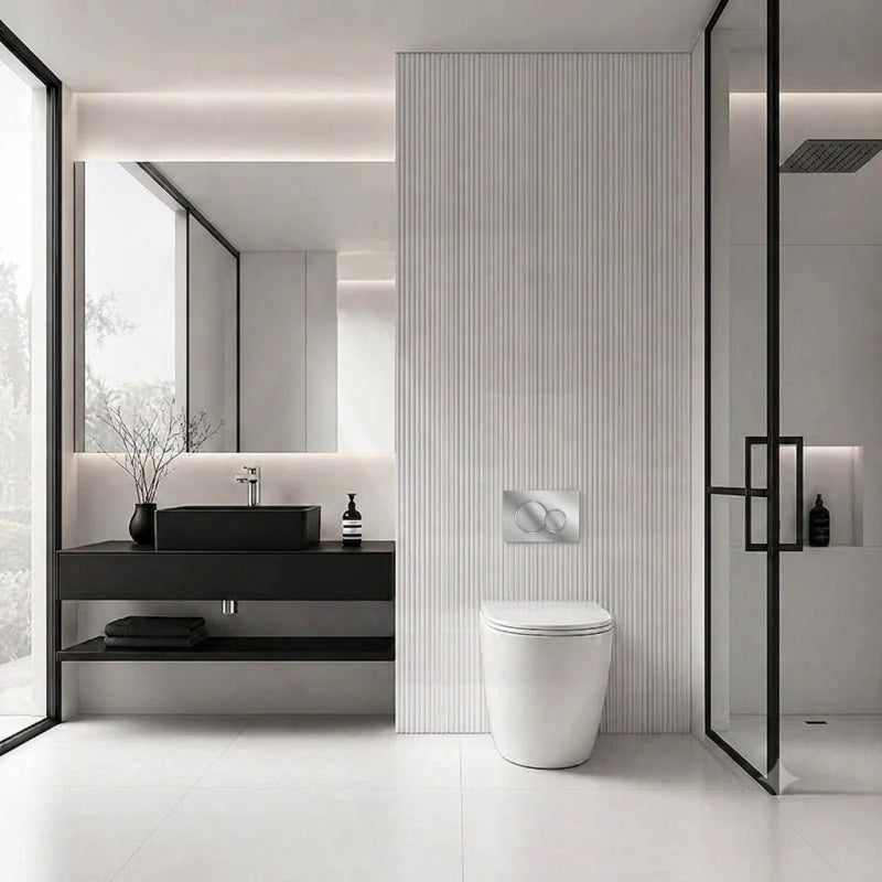 Geberit Sigma8 Inwall Concealed Cistern with Tornado Rimless Wall Faced Toilet Pan & Fienza Push Button SET 400x570x360mm - Gloss White