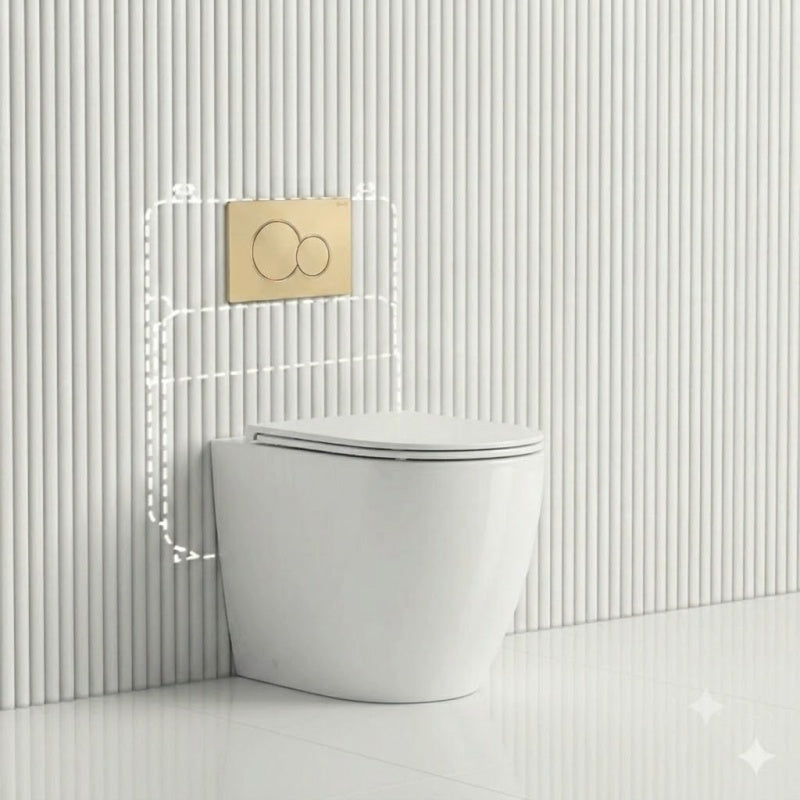 Geberit Sigma8 Inwall Concealed Cistern with Tornado Rimless Wall Faced Toilet Pan & Fienza Push Button SET 400x570x360mm - Gloss White