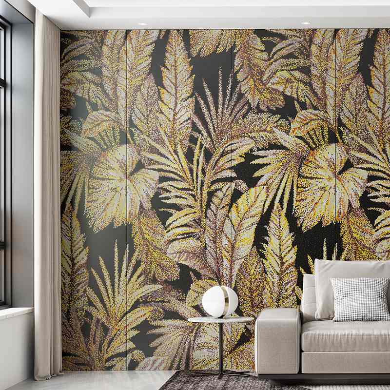Living room with a decorative wall featuring gold and black leaf pattern