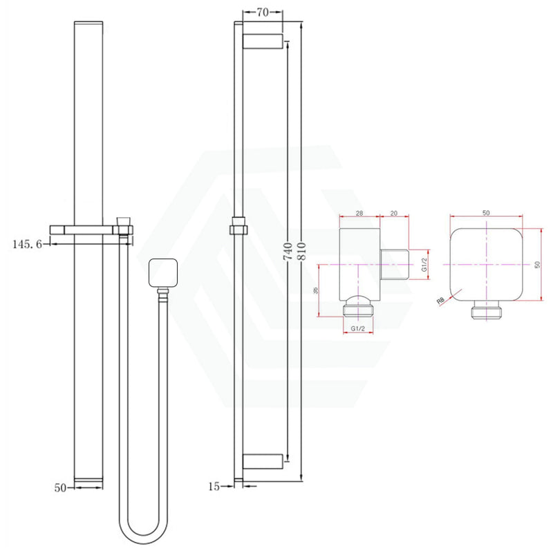 Square Chrome Sliding Shower Rail With Wall Connector & Water Hose Only