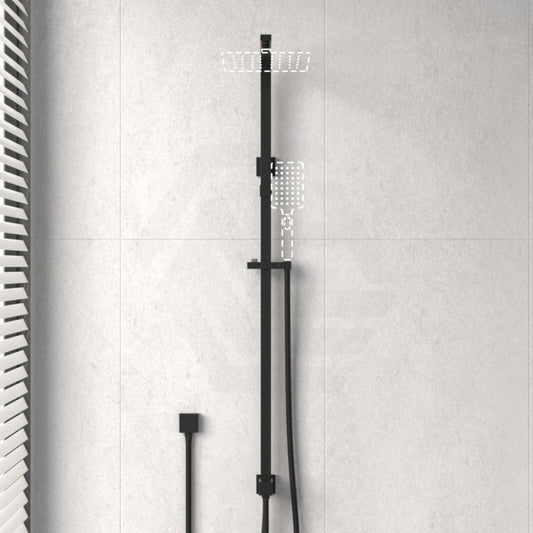 Square Matt Black Universal Water Inlet Twin Shower Rail With Diverter Default Water Inlet Hose