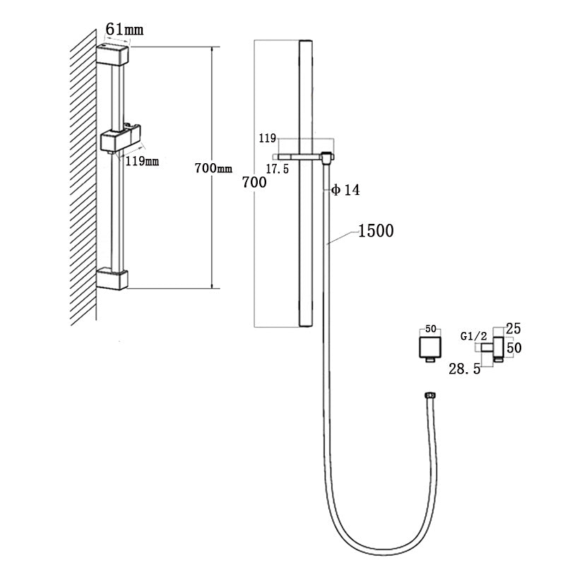 Square Chrome Shower Rail with Handheld Shower Set Wall Mounted
