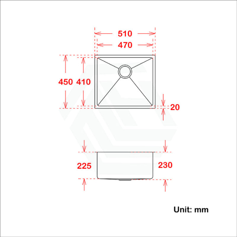 510X450X230mm 1.2mm Handmade Top/undermount Single Bowl Kitchen/ Laundry Sink
