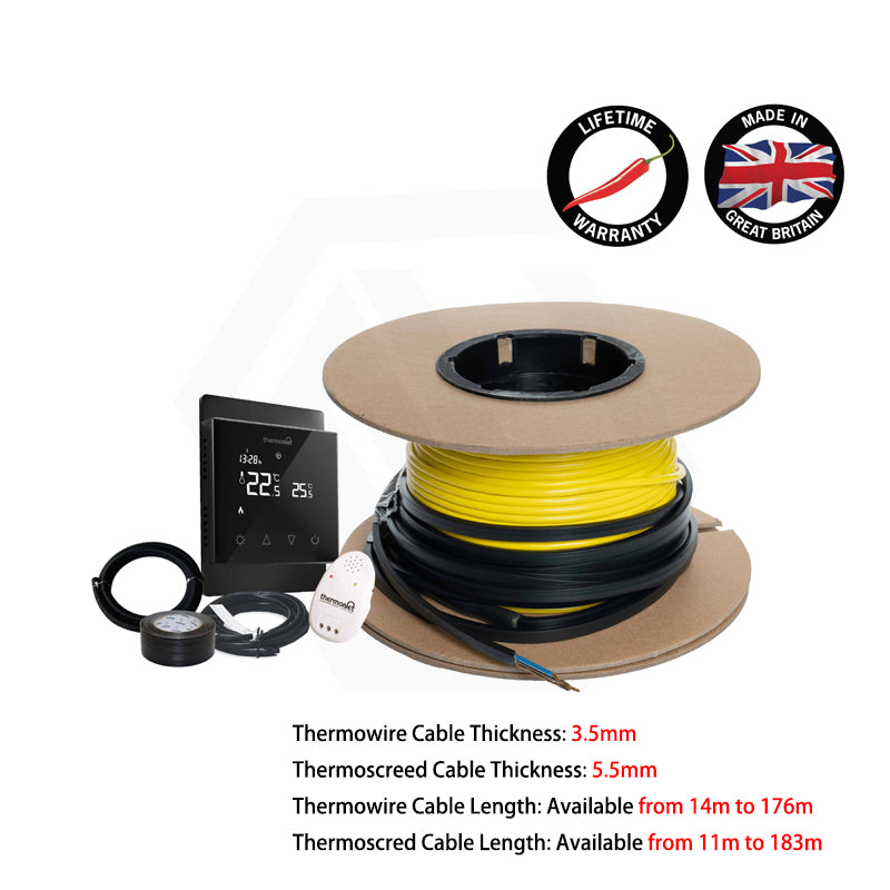 ThermoGroup Thermowire/Thermoscreed Undertile/In Screed Floor Heating Kit with White/Black Glass Thermostat