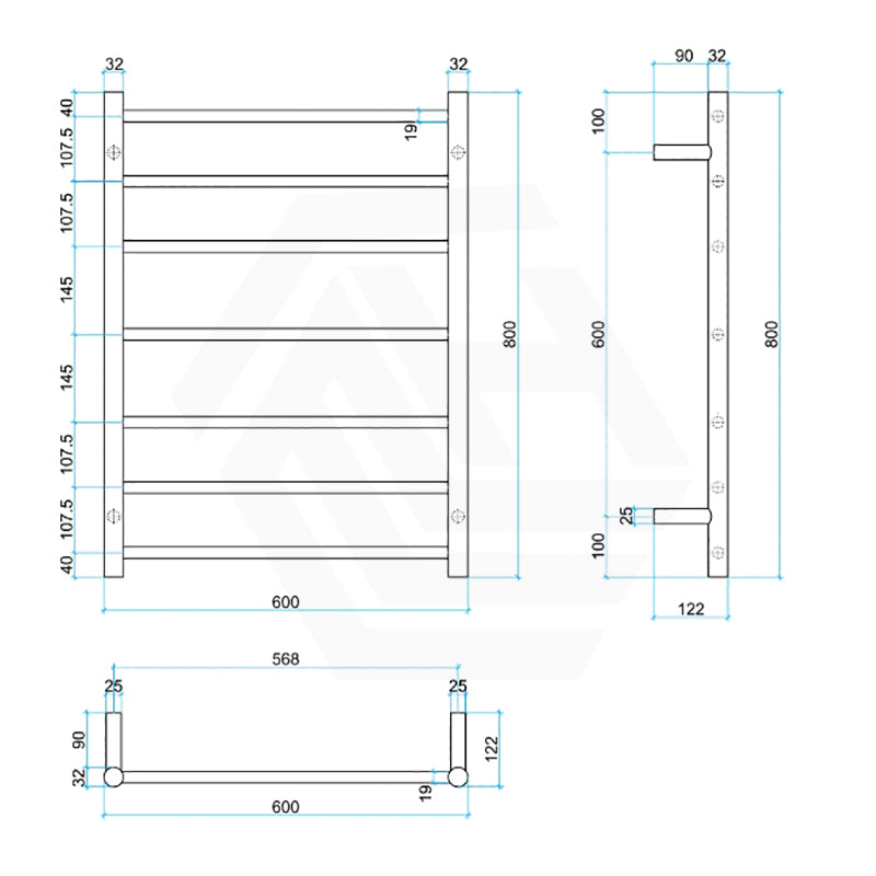 ThermoGroup 600x800x122mm 240V Budget Straight Round Ladder Heated Towel Rail 7 Bars Polished Stainless Steel