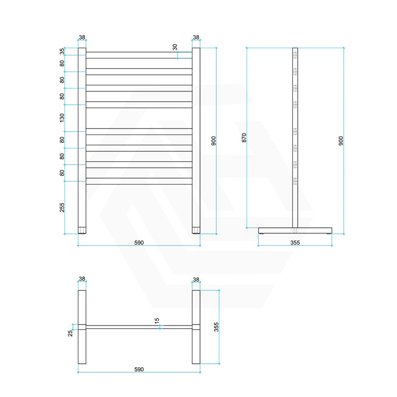 ThermoGroup Thermorail 590x900x355mm 240V Straight Flat Free-Standing Polished Stainless Steel Heated Towel Rail 8 Bars
