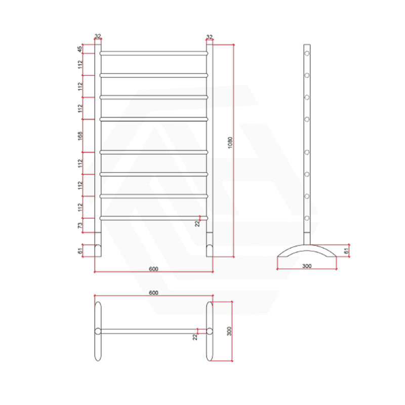 ThermoGroup Thermorail 600x1080x300mm 240V Straight Round Free-Standing Polished Stainless Steel Heated Towel Rail 8 Bars