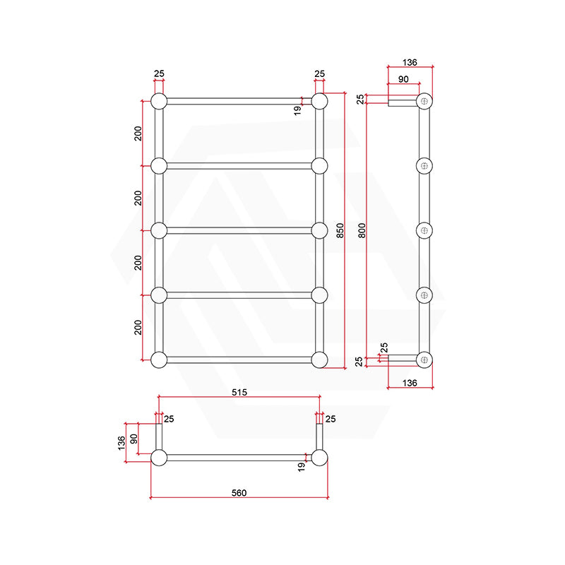 ThermoGroup Thermorail 560x850x140mm 240V Straight Round Heritage Ladder Polished Stainless Steel Heated Towel Rail 5 Bars