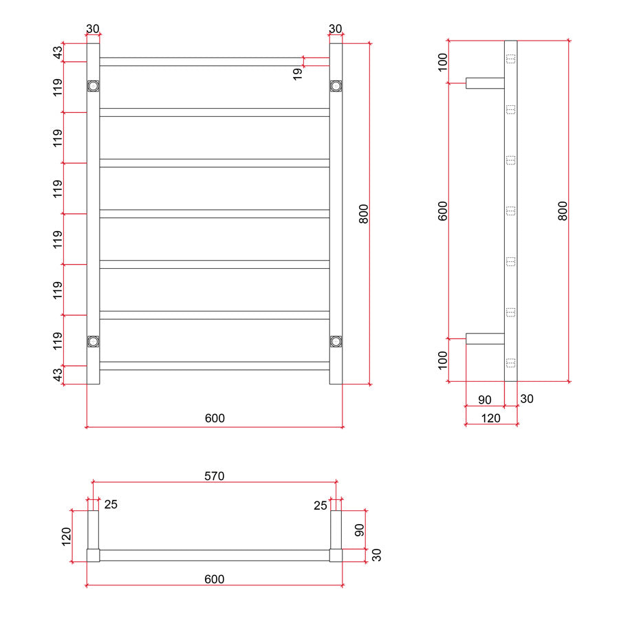 ThermoGroup 600x800x120mm 12V Straight Square Ladder Heated Towel Rail 7 Bars Polished Stainless Steel