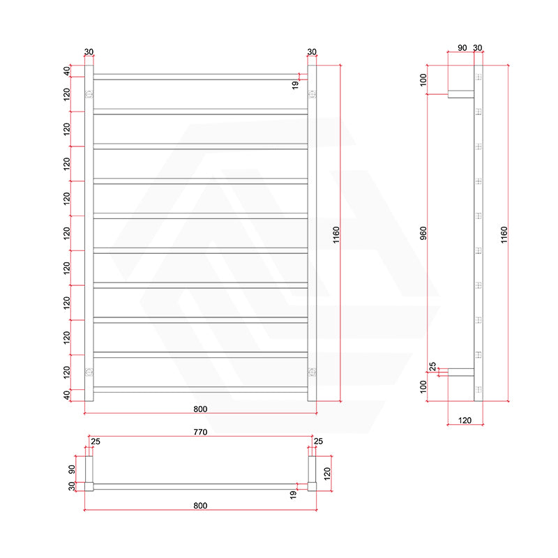 ThermoGroup 4/7/10 Bars 240V Straight Square Ladder Heated Towel Rail Variant Colour Available