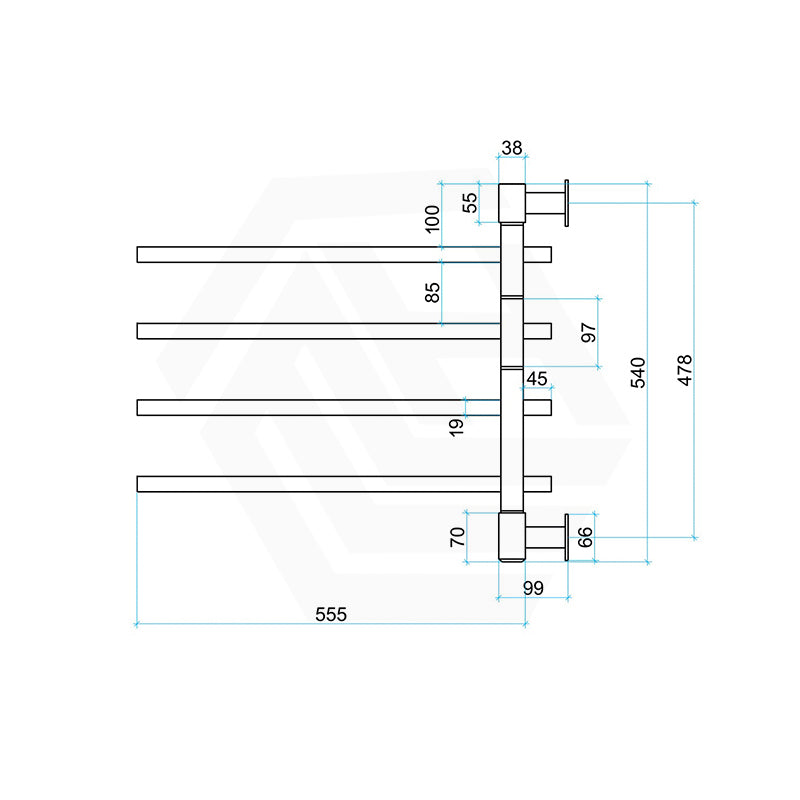 ThermoGroup Thermorail 600x540x99mm Straight Square Polished Stainless Steel Non-Heated Swivel Towel Rail 4Bars