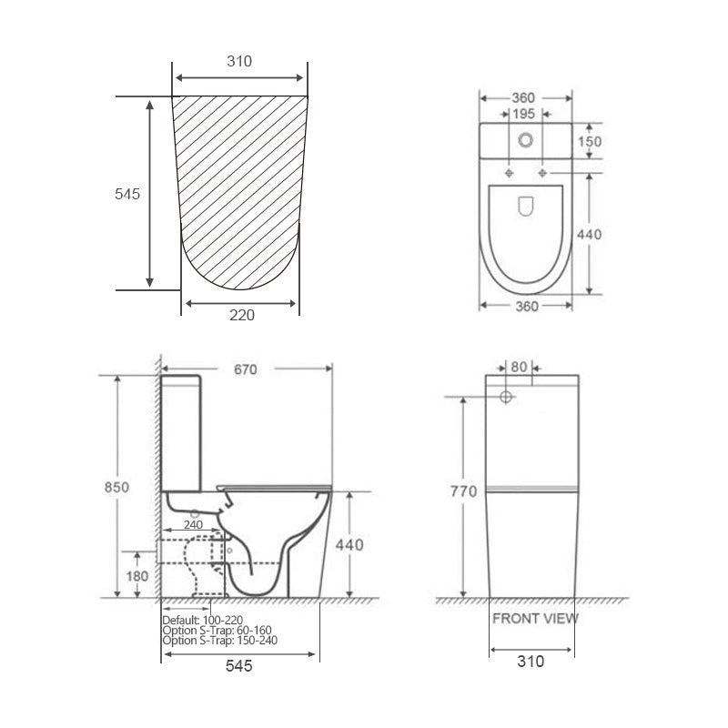 670x360x850mm Bathroom Rimless Tornado Matt Black Toilet Suite Comfort Height Back To Wall