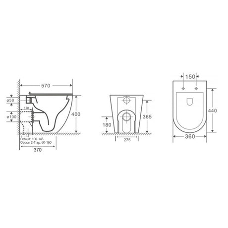 570x360x400mm Bathroom Toilet Wall Floor Faced Pan With Rimless VORTEX Flushing Technology Matt Black