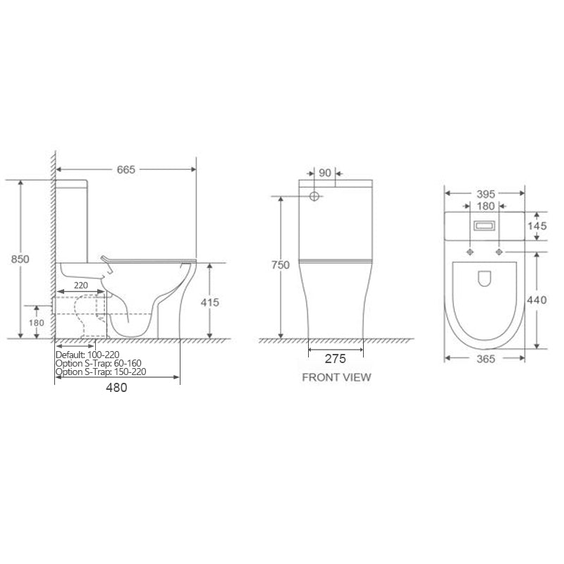 665x395x850mm Bathroom Back To Wall Toilet Suite Rimless Slim Duraplas Seat Ceramic
