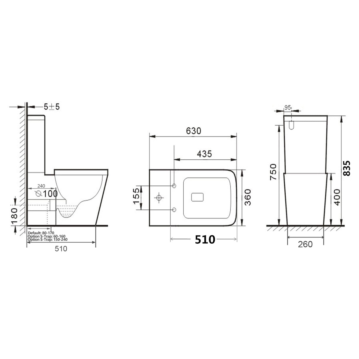 630x360x835mm Bathroom Rimless Back To Wall White Ceramic Toilet Suite