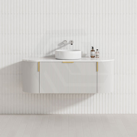 750-1200mm Carysil Matt White Plywood Wall Hung Floating Vanity Fluted 12 O'clock/NO Tap Hole with Center Waste Hole Stone Top Brushed Gold Handle