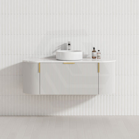 750-1200mm Carysil Matt White Plywood Wall Hung Floating Vanity Fluted 12 O'clock/NO Tap Hole with Center Waste Hole Stone Top Brushed Gold Handle
