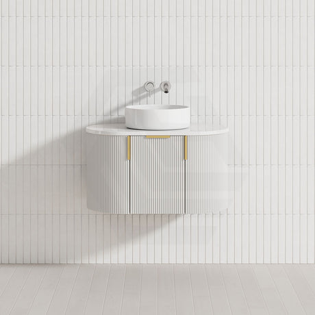 750-1200mm Carysil Matt White Plywood Wall Hung Floating Vanity Fluted 12 O'clock/NO Tap Hole with Center Waste Hole Stone Top Brushed Gold Handle