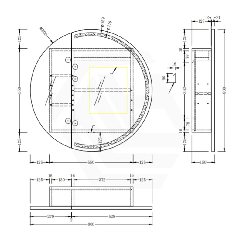 800x800x150mm Carysil Orbit Round Mirror Plywood Motion Sensor LED Shaving Cabinet Matt White/Walnut