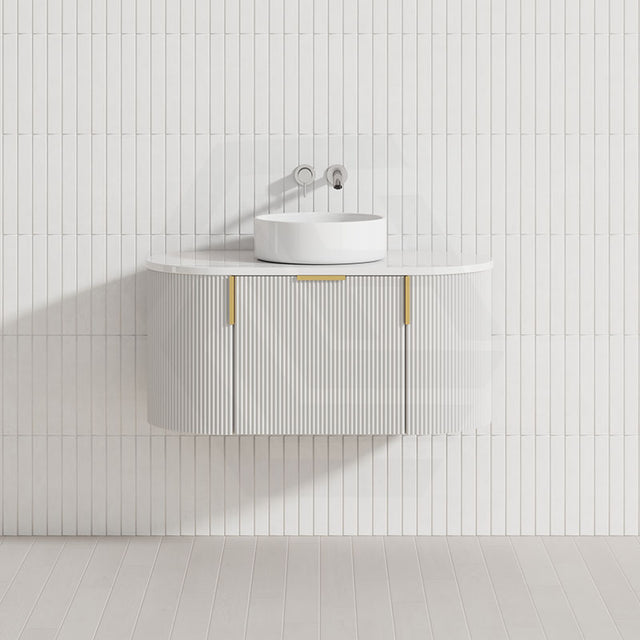 750-1200mm Carysil Matt White Plywood Wall Hung Floating Vanity Fluted 12 O'clock/NO Tap Hole with Center Waste Hole Stone Top Brushed Gold Handle