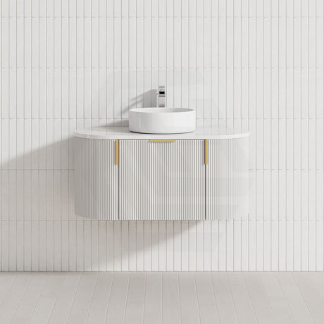 750-1200mm Carysil Matt White Plywood Wall Hung Floating Vanity Fluted 12 O'clock/NO Tap Hole with Center Waste Hole Stone Top Brushed Gold Handle