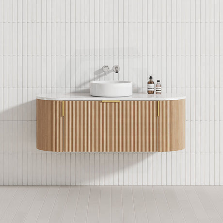 750-1200mm Carysil Walnut Plywood Wall Hung Floating Vanity Fluted with 12 O'clock Tap Hole & Center Waste Hole Stone Top Brushed Gold Handle