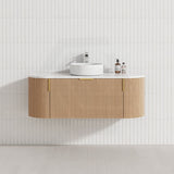 750-1200mm Carysil Walnut Plywood Wall Hung Floating Vanity Fluted with 12 O'clock Tap Hole & Center Waste Hole Stone Top Brushed Gold Handle