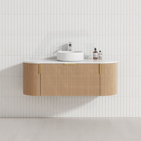 750-1200mm Carysil Walnut Plywood Wall Hung Floating Vanity Fluted with 12 O'clock Tap Hole & Center Waste Hole Stone Top Brushed Gold Handle