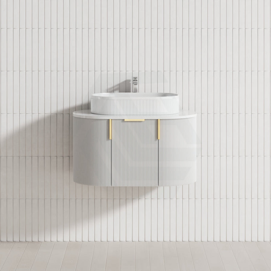 750-1200mm Carysil Matt White Plywood Wall Hung Floating Vanity Fluted with Stone Top Brushed Gold Handle