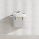 750-1200mm Carysil Matt White Plywood Wall Hung Floating Vanity Fluted with Stone Top Brushed Gold Handle