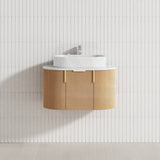 750-1200mm Carysil Walnut Plywood Wall Hung Floating Vanity Fluted with 12 O'clock Tap Hole & Center Waste Hole Stone Top Brushed Gold Handle