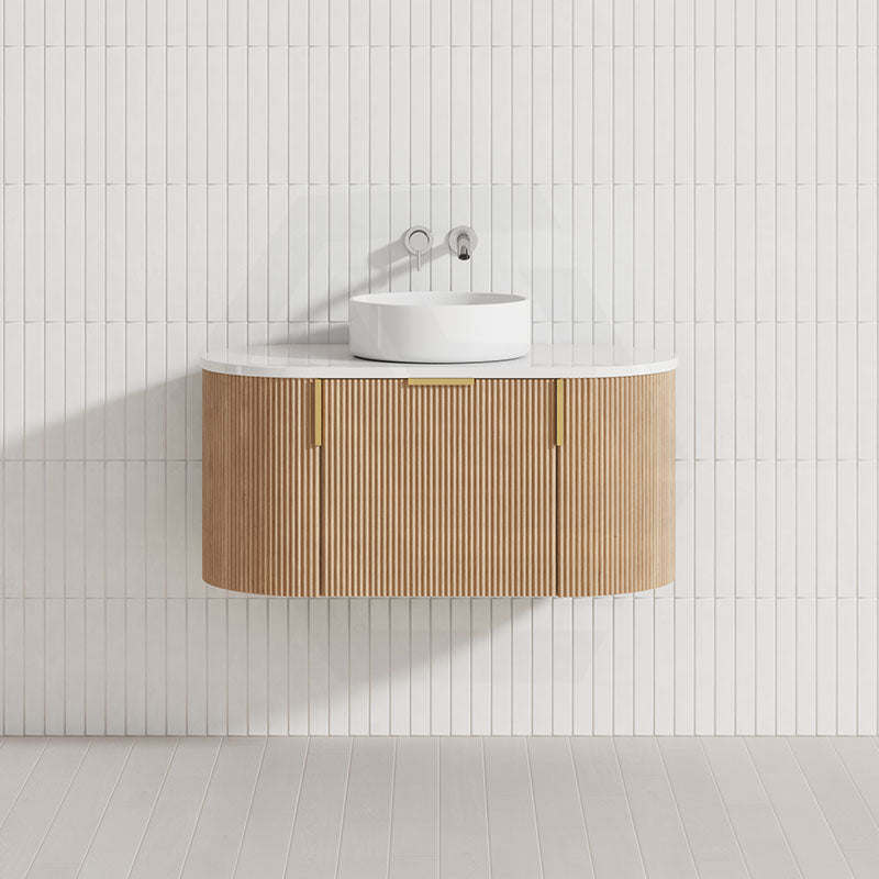 750-1200mm Carysil Walnut Plywood Wall Hung Floating Vanity Fluted with 12 O'clock Tap Hole & Center Waste Hole Stone Top Brushed Gold Handle