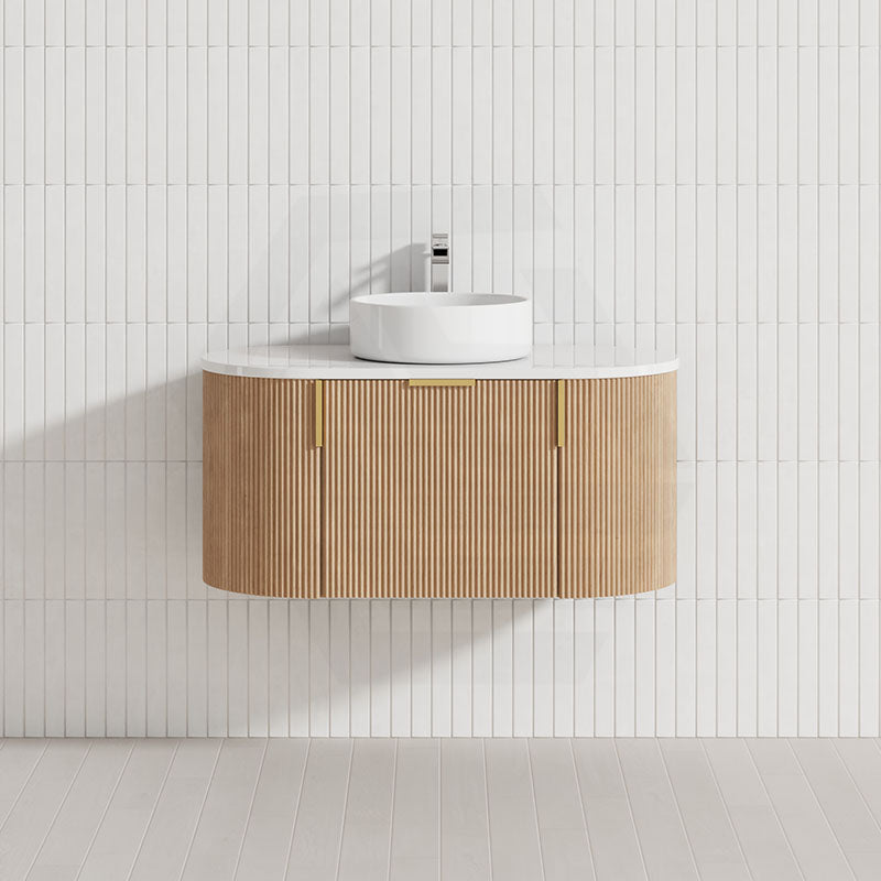 750-1200mm Carysil Walnut Plywood Wall Hung Floating Vanity Fluted with 12 O'clock Tap Hole & Center Waste Hole Stone Top Brushed Gold Handle