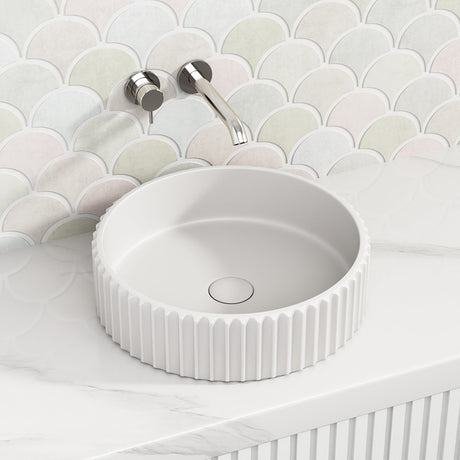 400X400X120Mm Round Concrete Fluted Above Counter Basin Matt White With Matching Waste Basins