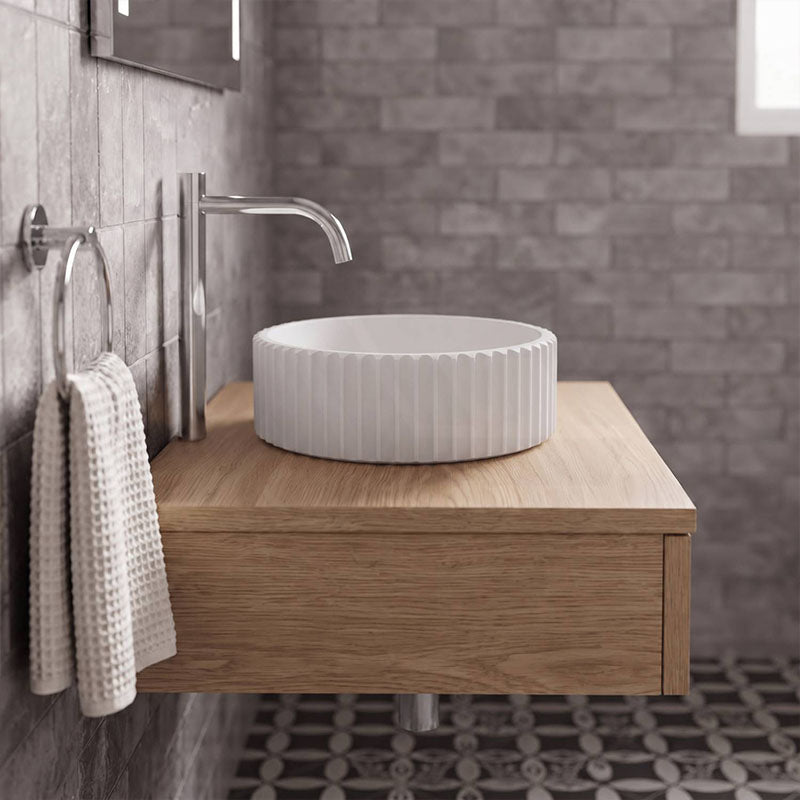 Round Concrete Fluted Above Counter Basin with Matching Waste 400x400x120mm - Matt White