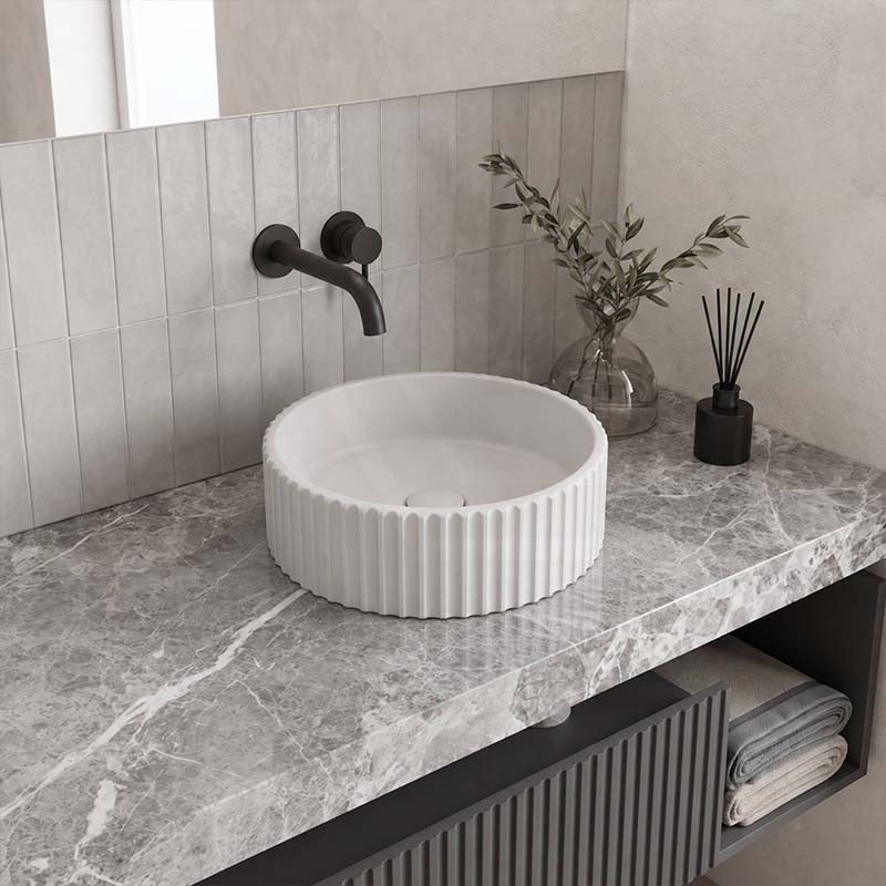 Round Concrete Fluted Above Counter Basin with Matching Waste 400x400x120mm - Matt White