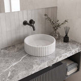 Round Concrete Fluted Above Counter Basin with Matching Waste 400x400x120mm - Matt White