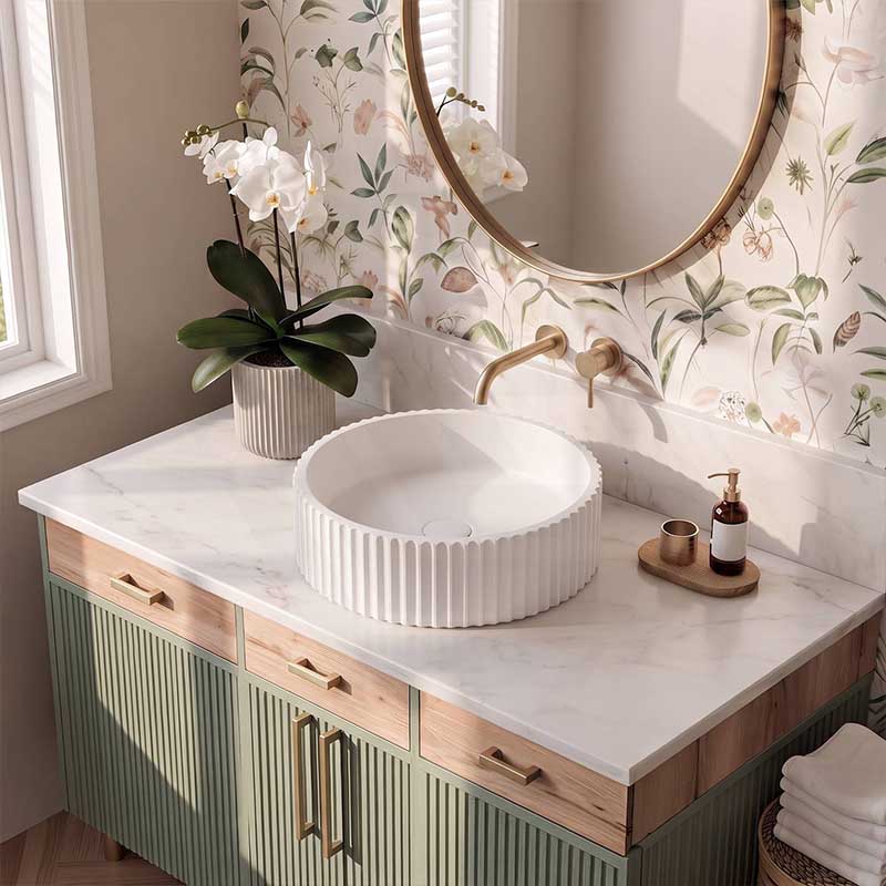 Round Concrete Fluted Above Counter Basin with Matching Waste 400x400x120mm - Matt White
