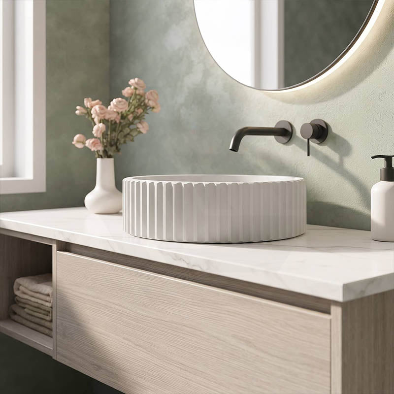 Round Concrete Fluted Above Counter Basin with Matching Waste 400x400x120mm - Matt White